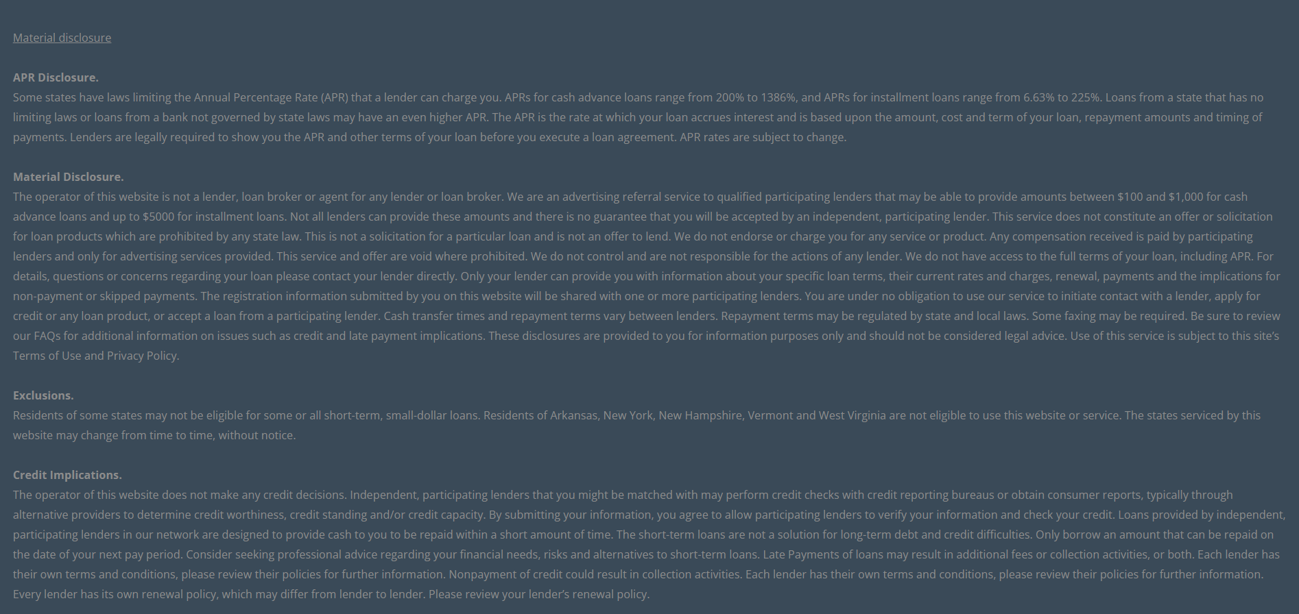 Material disclosure for payday loans in Santa Rosa California